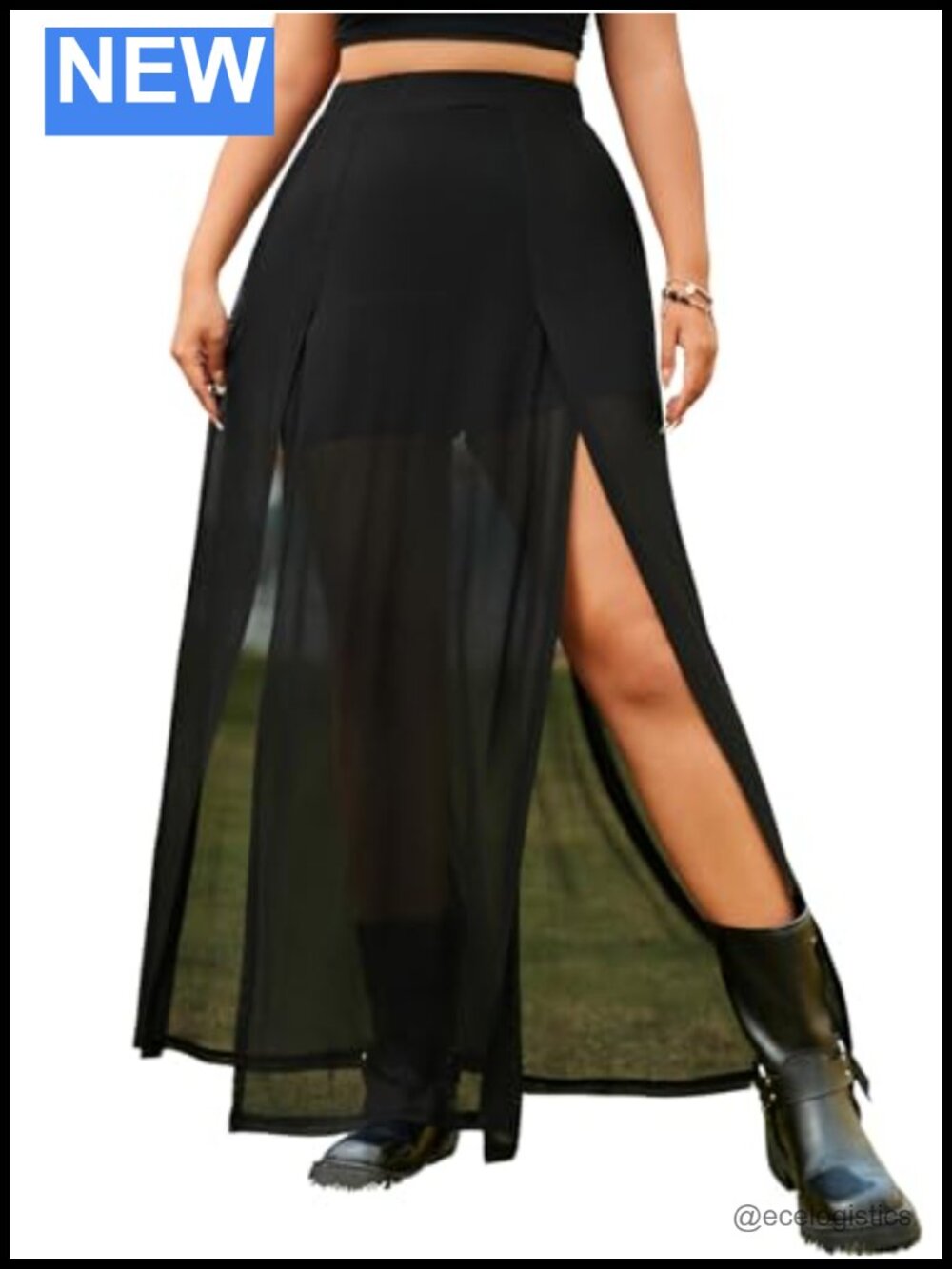 Plus Size High Waist Split Side Sheer Mesh A Line Long Skirt, High Stretch